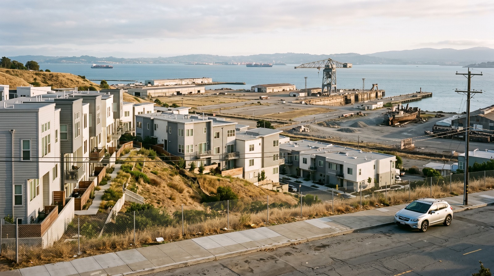 Townhomes on Parcel A of the Hunters Point shipyard in San Francisco, with the old naval shipyard flats and the bay behind them.