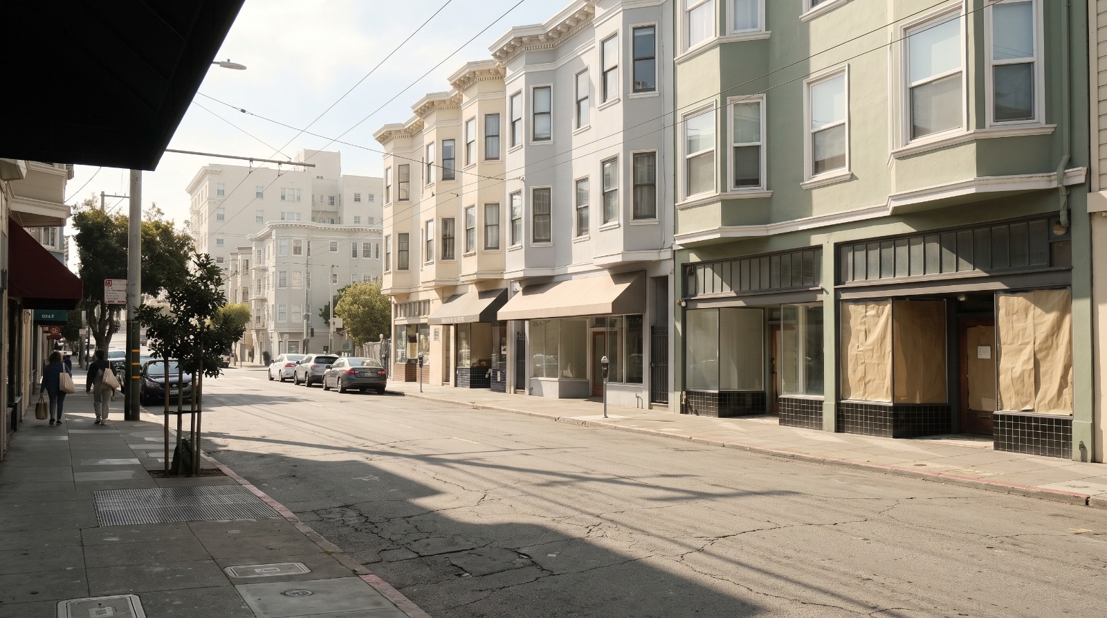 Storefronts and bay-windowed buildings along the Upper Fillmore Street retail corridor in San Francisco's Pacific Heights.