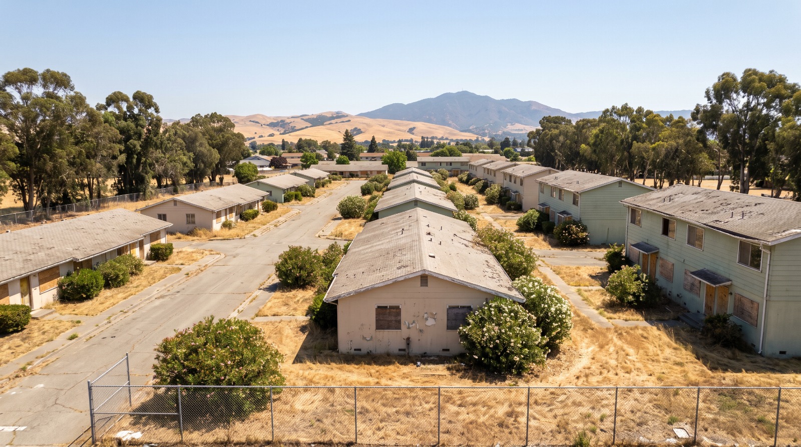 Vacant former Coast Guard housing off Haleakala Street in Concord, the 59-acre site proposed for roughly 900 homes, with Mount Diablo behind.
