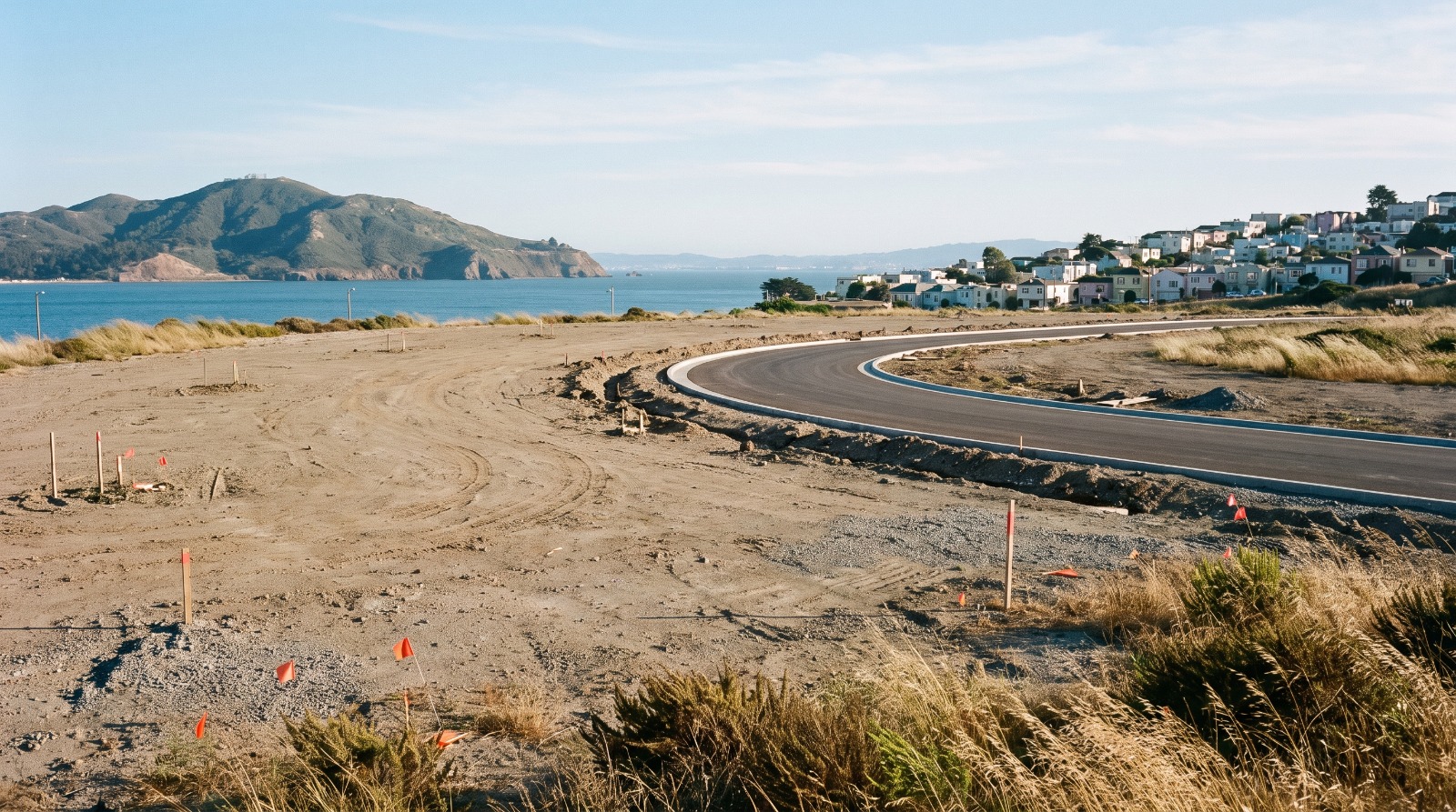 The graded, empty former Candlestick Park site in San Francisco with a new roadbed and the Bayview hillside behind it before construction begins.