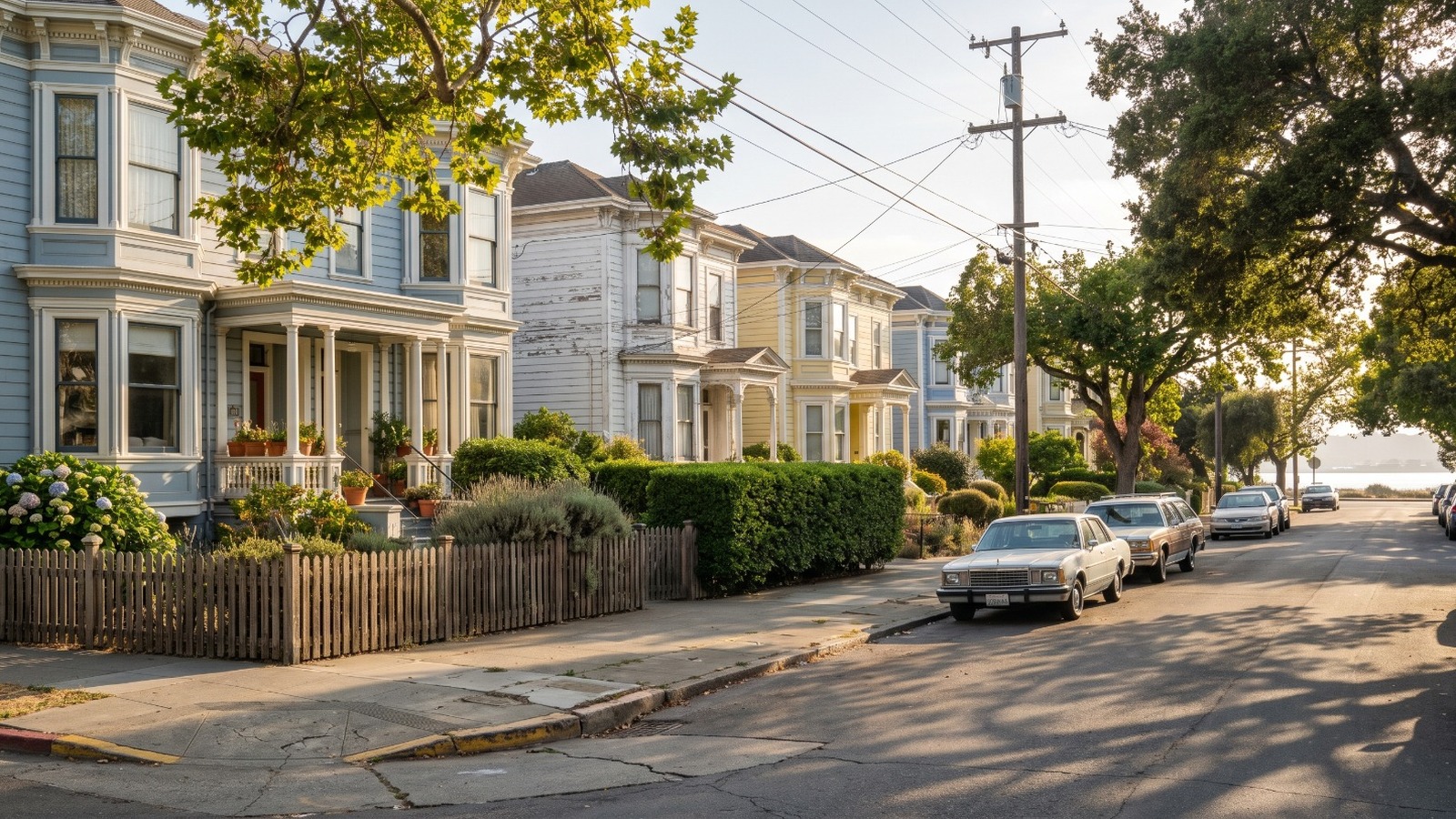 A flat residential street of Victorian homes in Alameda, California, one of the Bay Area cities a 7 percent mortgage rate just pushed out of reach.