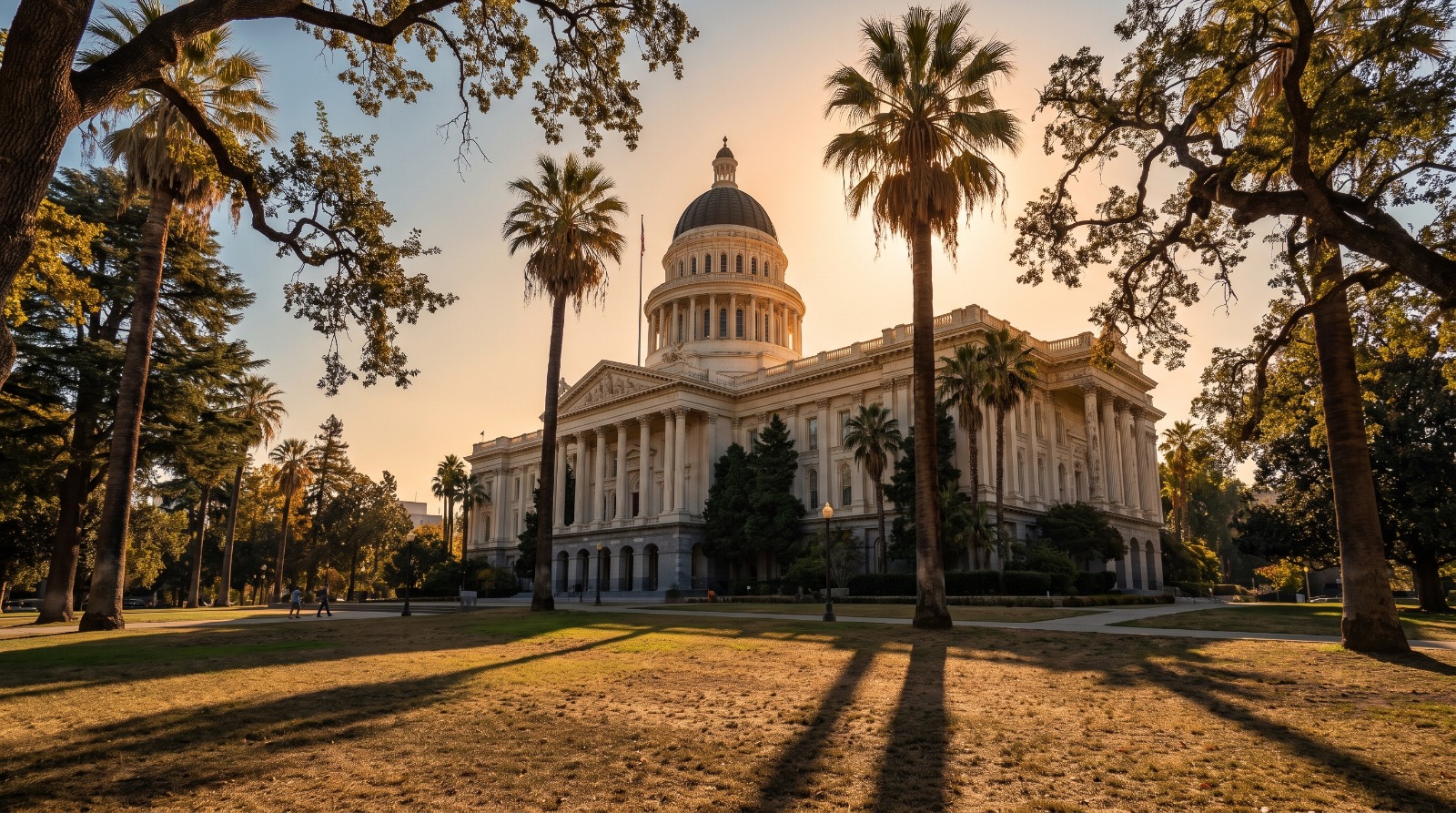 The west facade of the California State Capitol in Sacramento at golden hour, where eleven California housing bills await the governor by September 30.