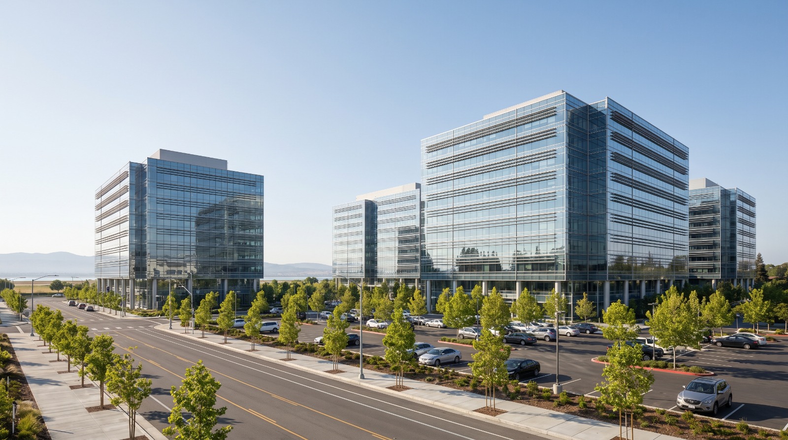 Modern eight-story office towers in the Moffett Park district of Sunnyvale, California, where Google renewed 2.1 million square feet in 2026.