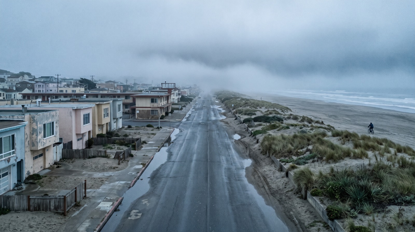 Rows of pastel houses meeting the fog and Ocean Beach at the edge of San Francisco's Outer Sunset near Great Highway.