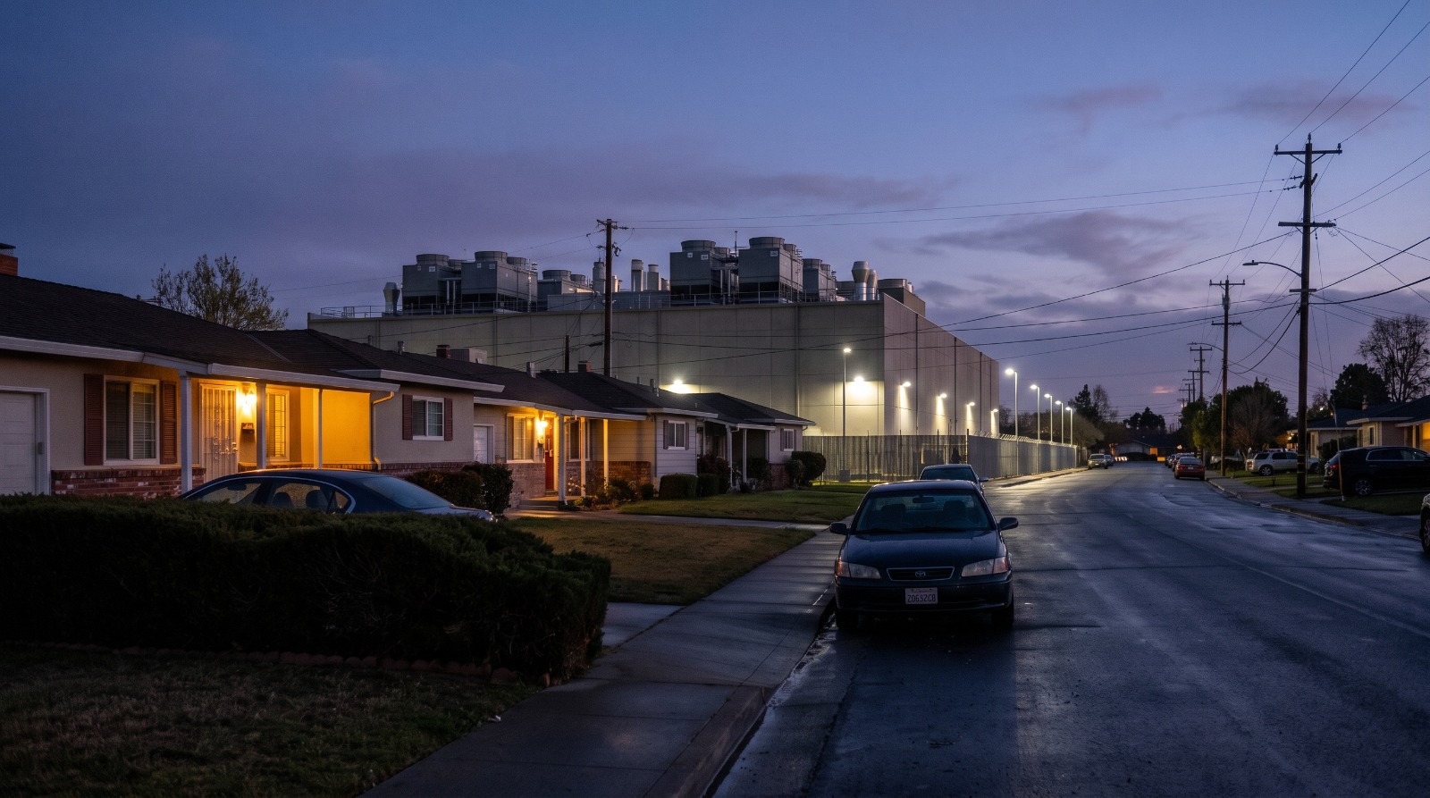 A quiet South San Jose residential street at dusk with a long windowless data center building visible past the last houses, the proximity at the center of the city's data center debate
