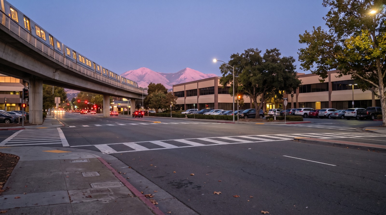 Dusk view along Ygnacio Valley Road by Walnut Creek BART toward the office corner Measure U would rezone for senior housing.