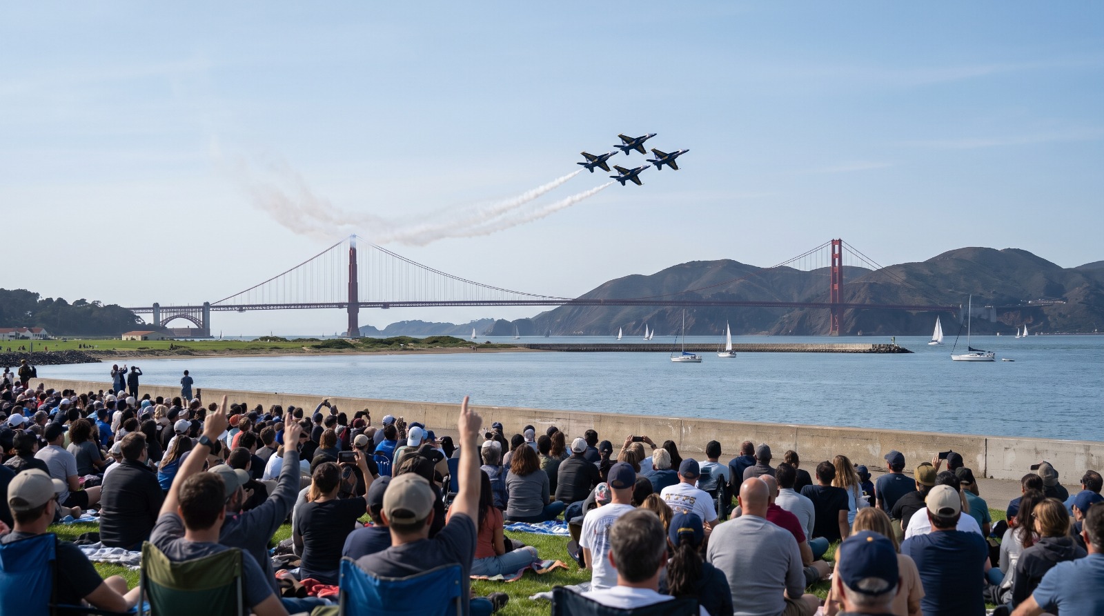 AI-rendered view of the Blue Angels flying in diamond formation over the Golden Gate Bridge as a crowd watches from Marina Green in San Francisco