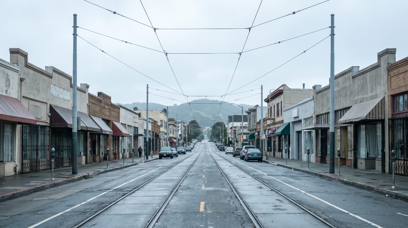 K Ingleside streetcar tracks running down Ocean Avenue past low storefronts in San Francisco’s Ingleside on an overcast day
