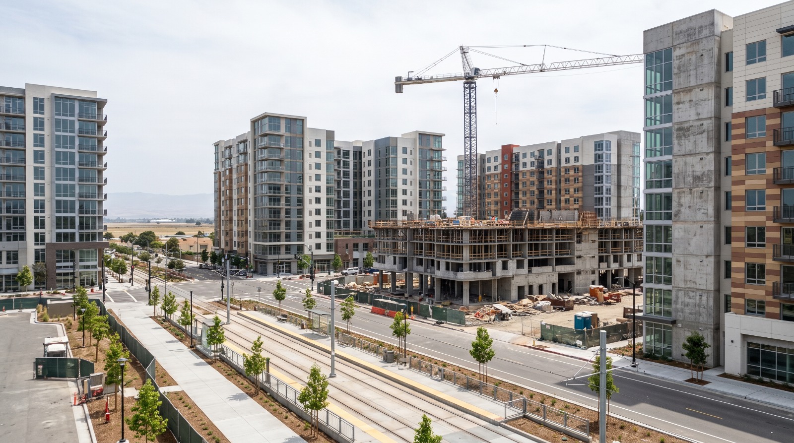 New apartment towers rising near Levi's Stadium in Santa Clara, the center of Silicon Valley's 2025 housing production.