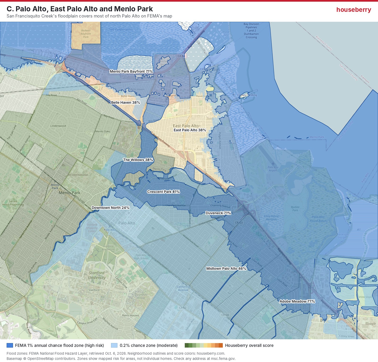 Flood zone map of Palo Alto, East Palo Alto and Menlo Park along San Francisquito Creek