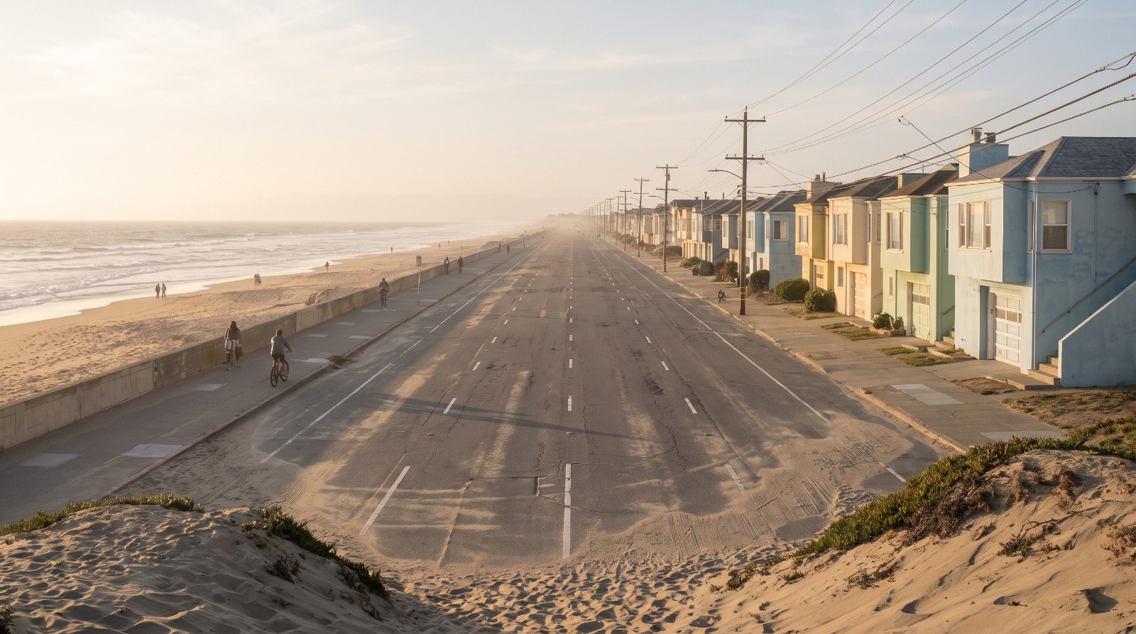 The car-free Great Highway roadway at Sunset Dunes park in San Francisco's Outer Sunset, with Ocean Beach on one side and Sunset row houses on the other.