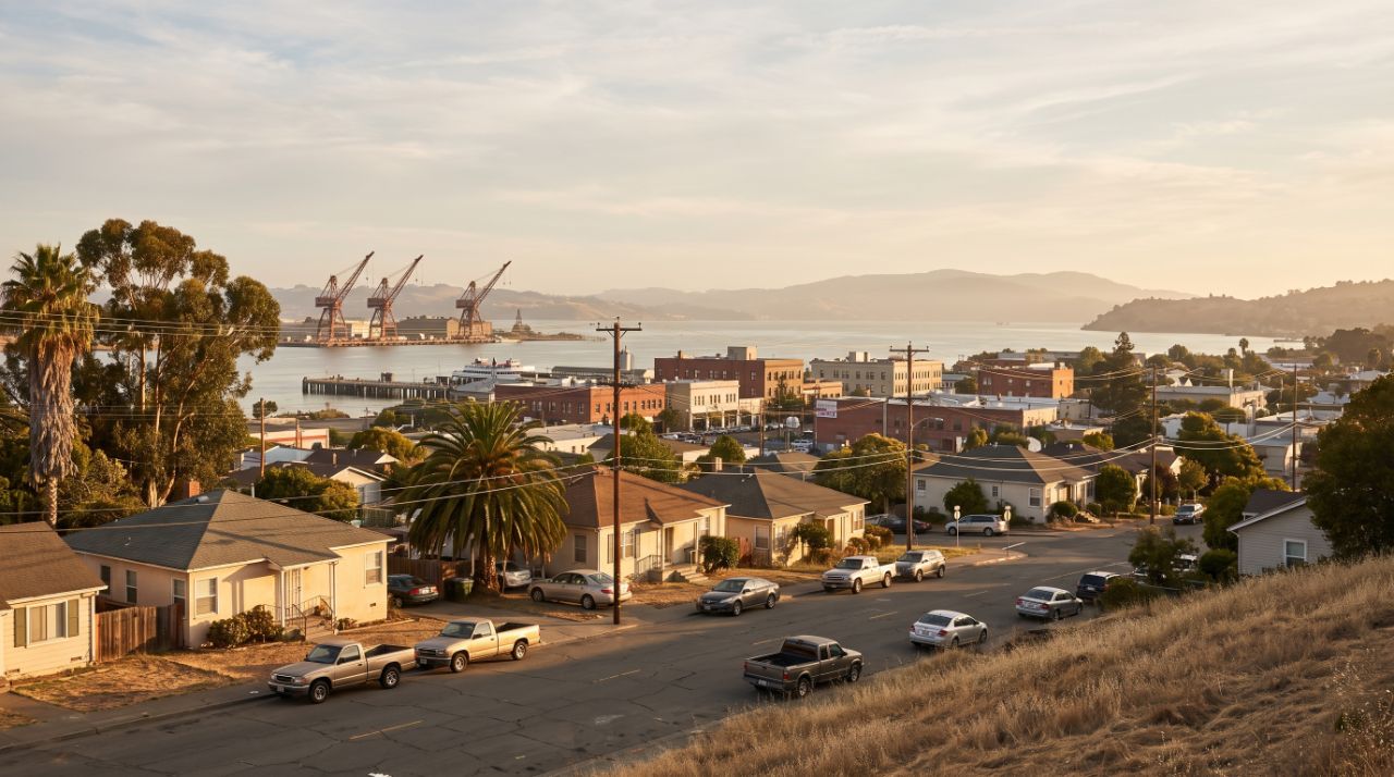 Hillside view over Vallejo homes toward the downtown waterfront and Mare Island shipyard cranes at golden hour