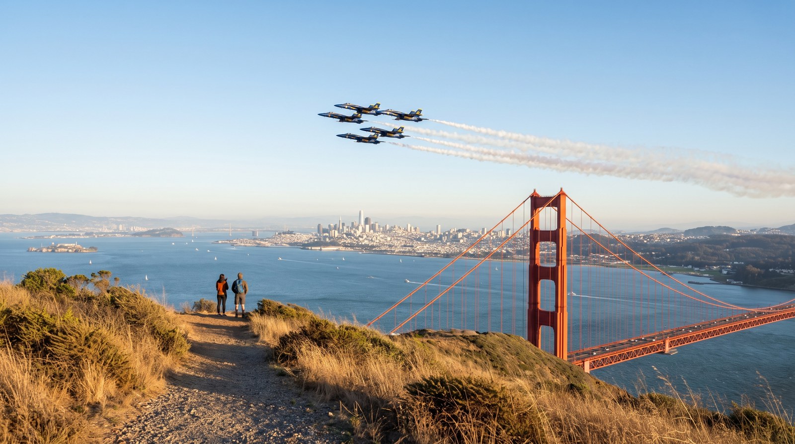 AI-rendered view from Slacker Hill in the Marin Headlands of the Blue Angels in diamond formation over San Francisco Bay, with the Golden Gate Bridge and the San Francisco skyline below
