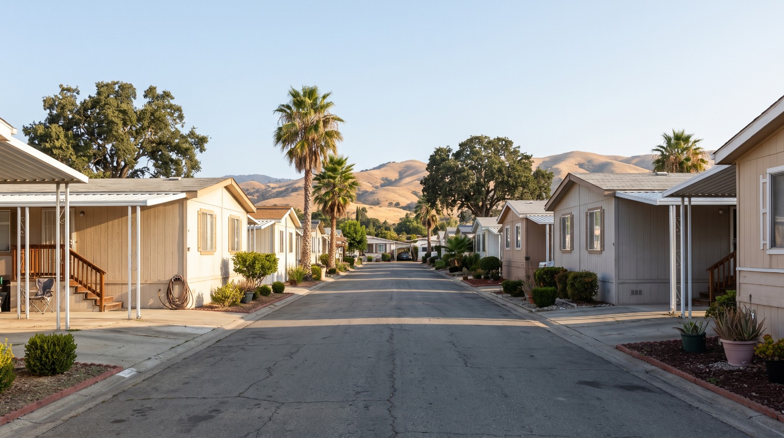 Rows of single-story manufactured homes along a quiet interior road in a San Jose mobile home park, with the Santa Teresa foothills behind.