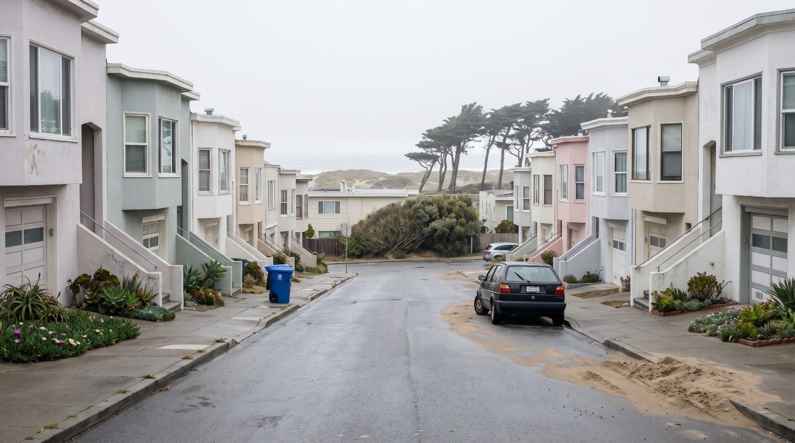 Foggy morning view down Ulloa Street at 44th Avenue in the Outer Sunset, where a mountain lion was captured in San Francisco.