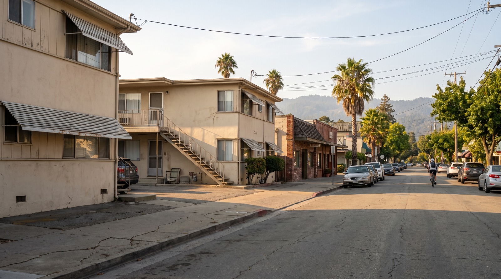 Two-story apartment buildings on the south end of Pacific Avenue in Santa Cruz, the site of the 102-unit Driftwood Flats affordable housing project.