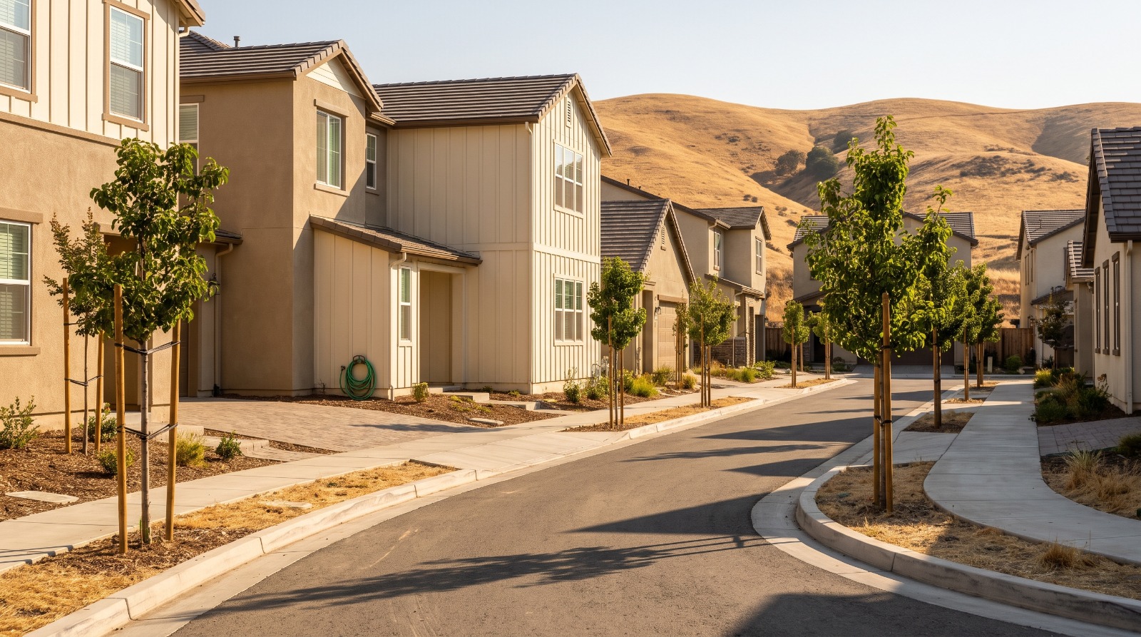 A new Tri-Valley subdivision street with two-story homes on compact lots and golden hills behind