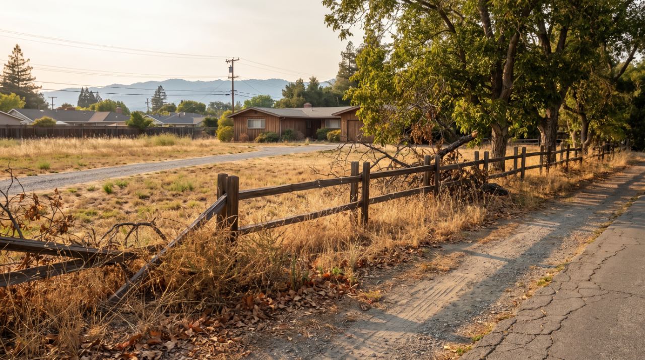 Open grassy parcel behind a split-rail fence on Marshall Lane in Saratoga, the site studied for 132 townhomes.