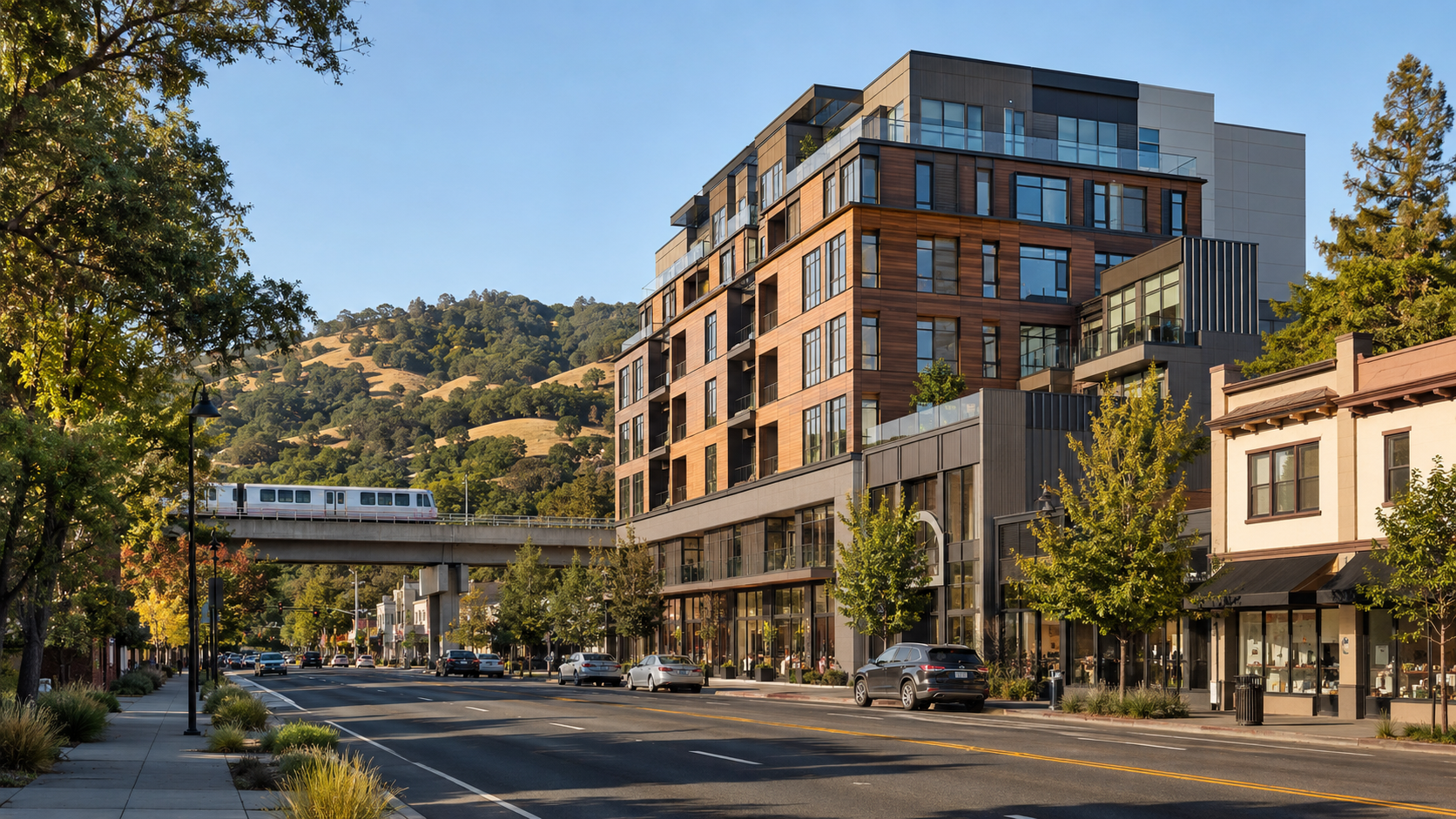 A seven-story mixed-use transit-oriented development under construction near the Lafayette BART station in the East Bay.