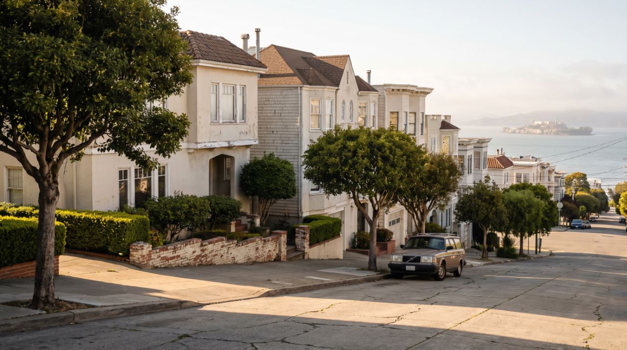 A steep Russian Hill street in San Francisco descending toward the bay, the neighborhood where several top AI executives live.