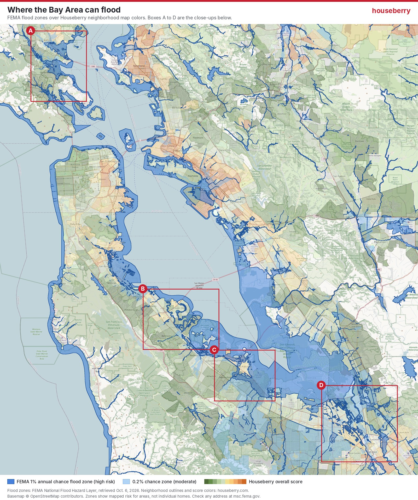 Map of the San Francisco Bay Area showing FEMA flood zones in blue over Houseberry neighborhood score colors