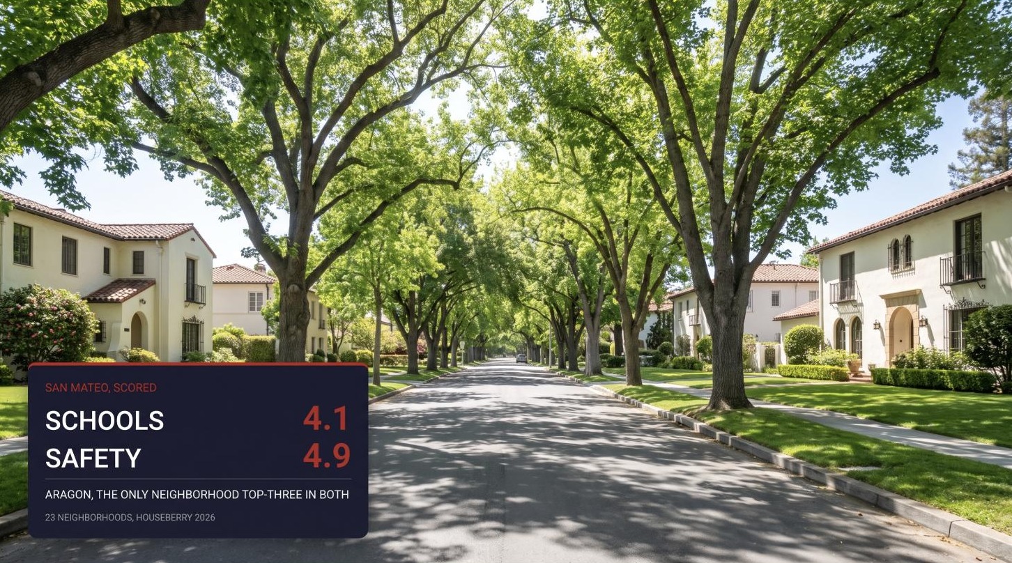 Tree-lined San Mateo street of Mediterranean Revival homes with a data panel showing Aragon scoring 4.1 for schools and 4.9 for safety in Houseberry’s 2026 neighborhood rankings.