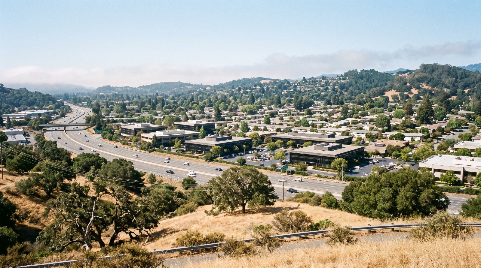 The wooded hillside above Highway 101 in north San Rafael, where a 192-unit affordable apartment project is proposed at 1100 Los Gamos Drive.