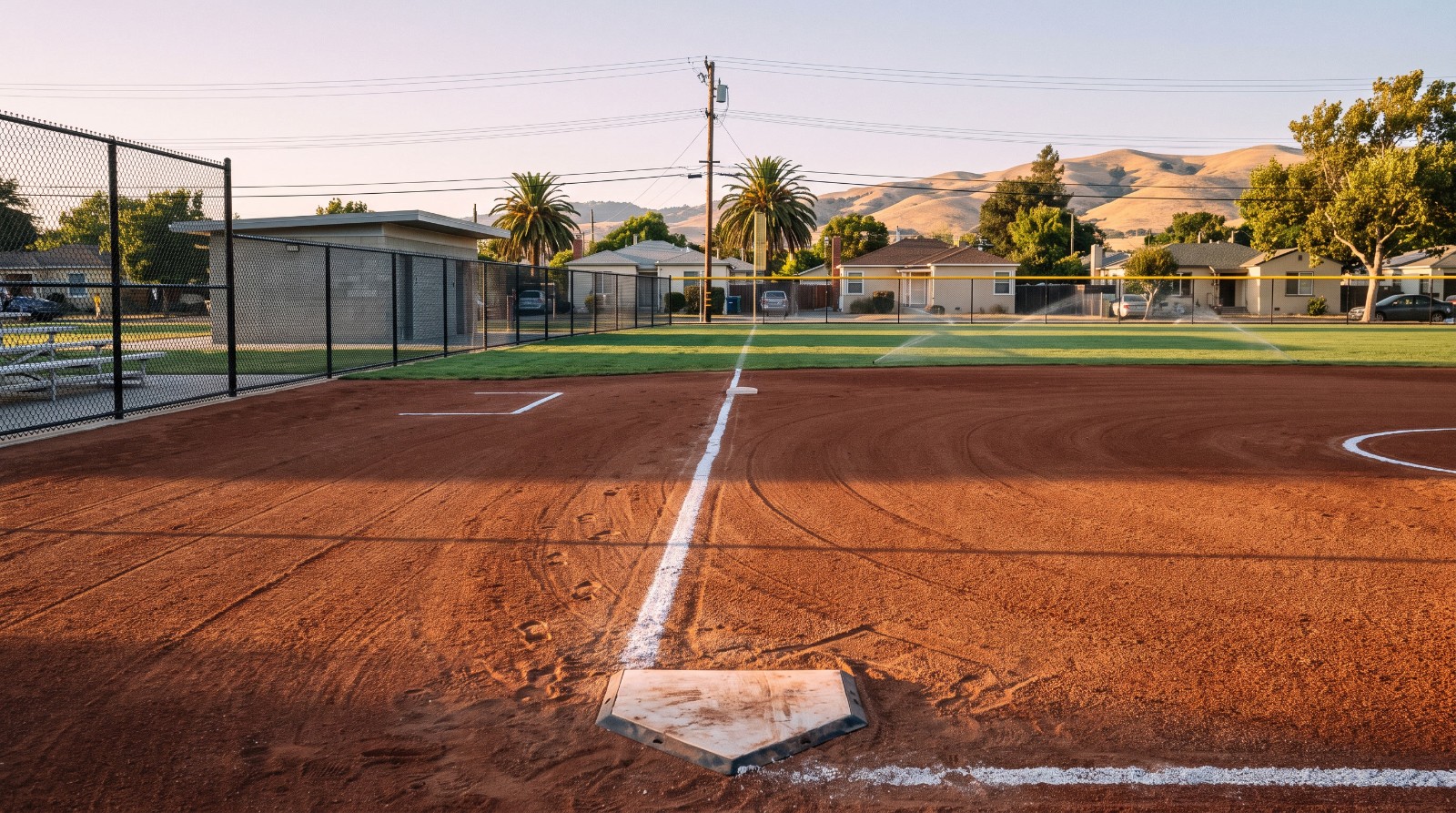 A renovated neighborhood softball field with new fencing and a small restroom building in the Richmond CA flatlands at golden hour.