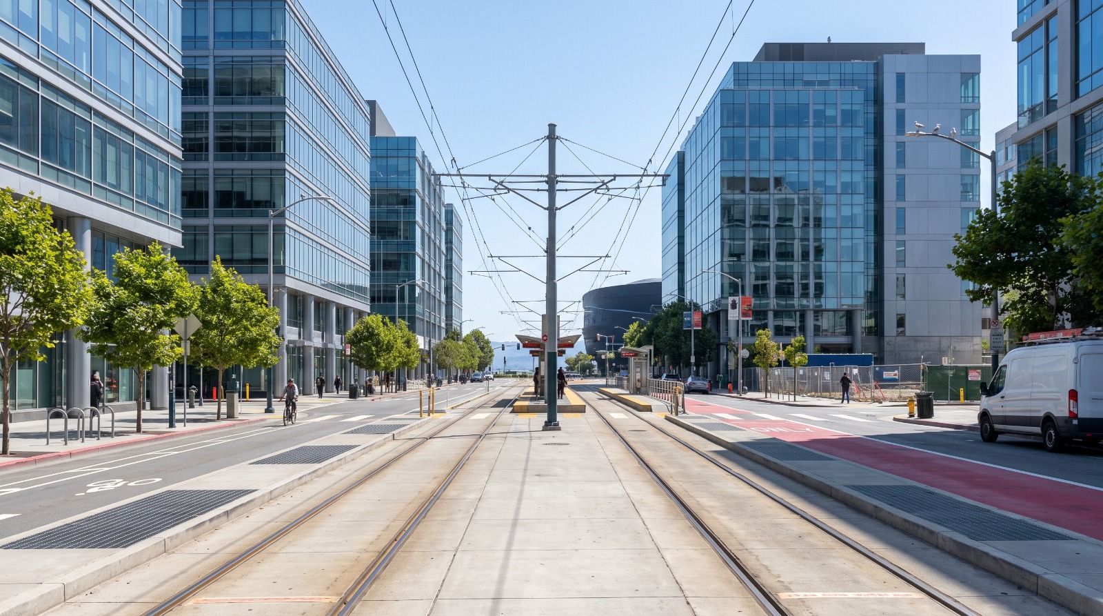 Third Street in Mission Bay, San Francisco, with Muni T-line tracks running between mid-rise life-science and office buildings near the AI office cluster.