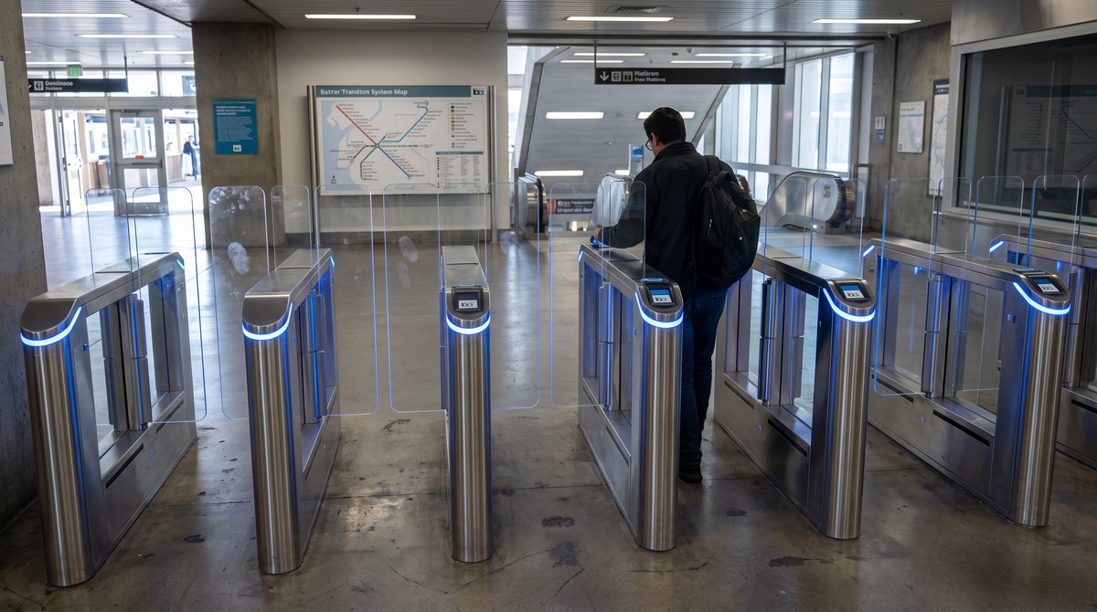 A commuter taps a Clipper card at one of BART’s new fare gates inside a Bay Area station, where BART fare gates have cut evasion and crime.