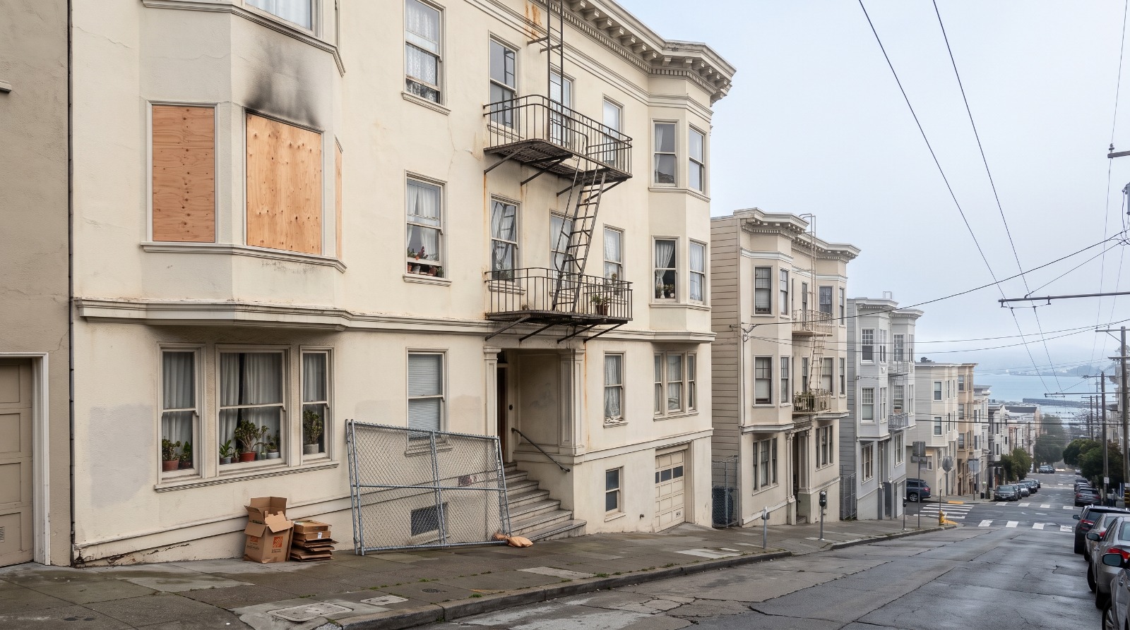 A Nob Hill apartment building with one boarded-up bay window after a fire, a reminder of tenant rights after a fire in San Francisco.