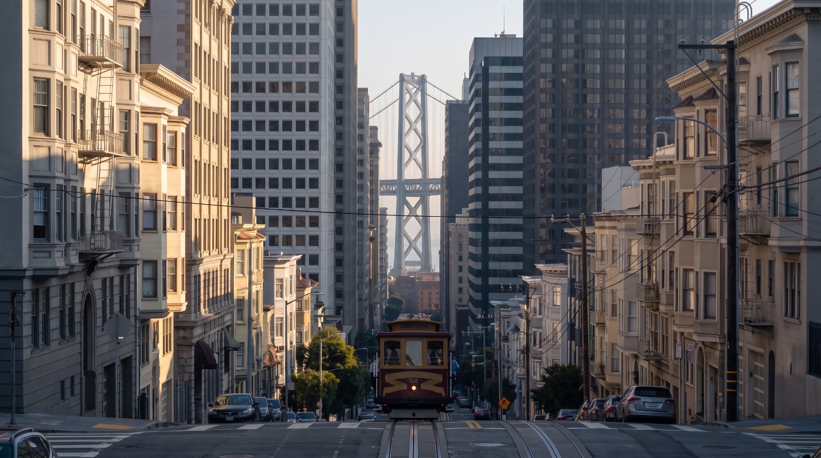 AI-rendered view down California Street from Nob Hill in San Francisco, a cable car climbing toward the camera with the Bay Bridge beyond