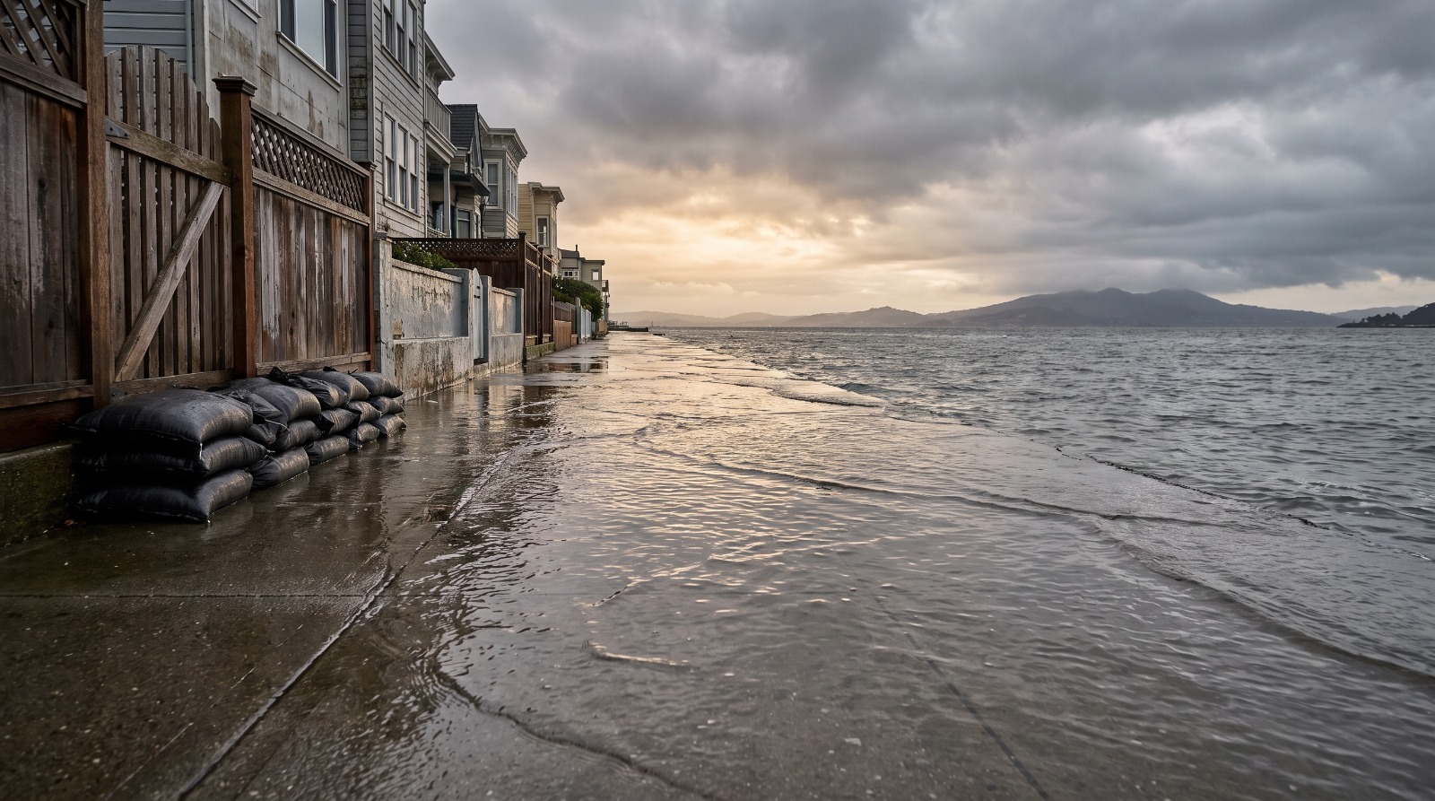 King tide water spilling over a bayfront path beside Bay Area homes, the flood risk picture buyers should check before an El Nino winter