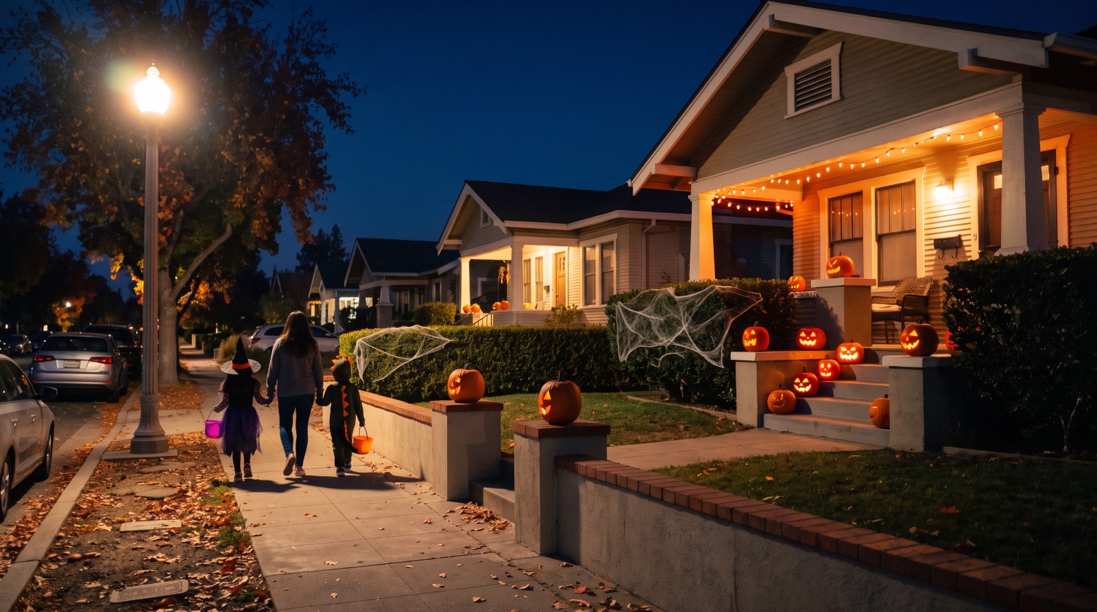AI-rendered view of Hanchett Avenue in San Jose's Rose Garden area on Halloween night, with a glowing street lamp, jack-o'-lanterns on porch steps and small trick-or-treaters seen from behind