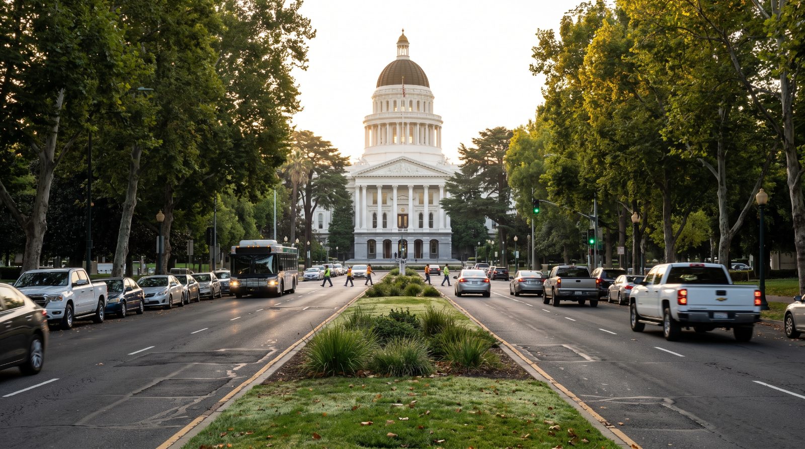 Morning commuter traffic on Capitol Mall heading toward the California State Capitol after the AB 1729 telework veto.
