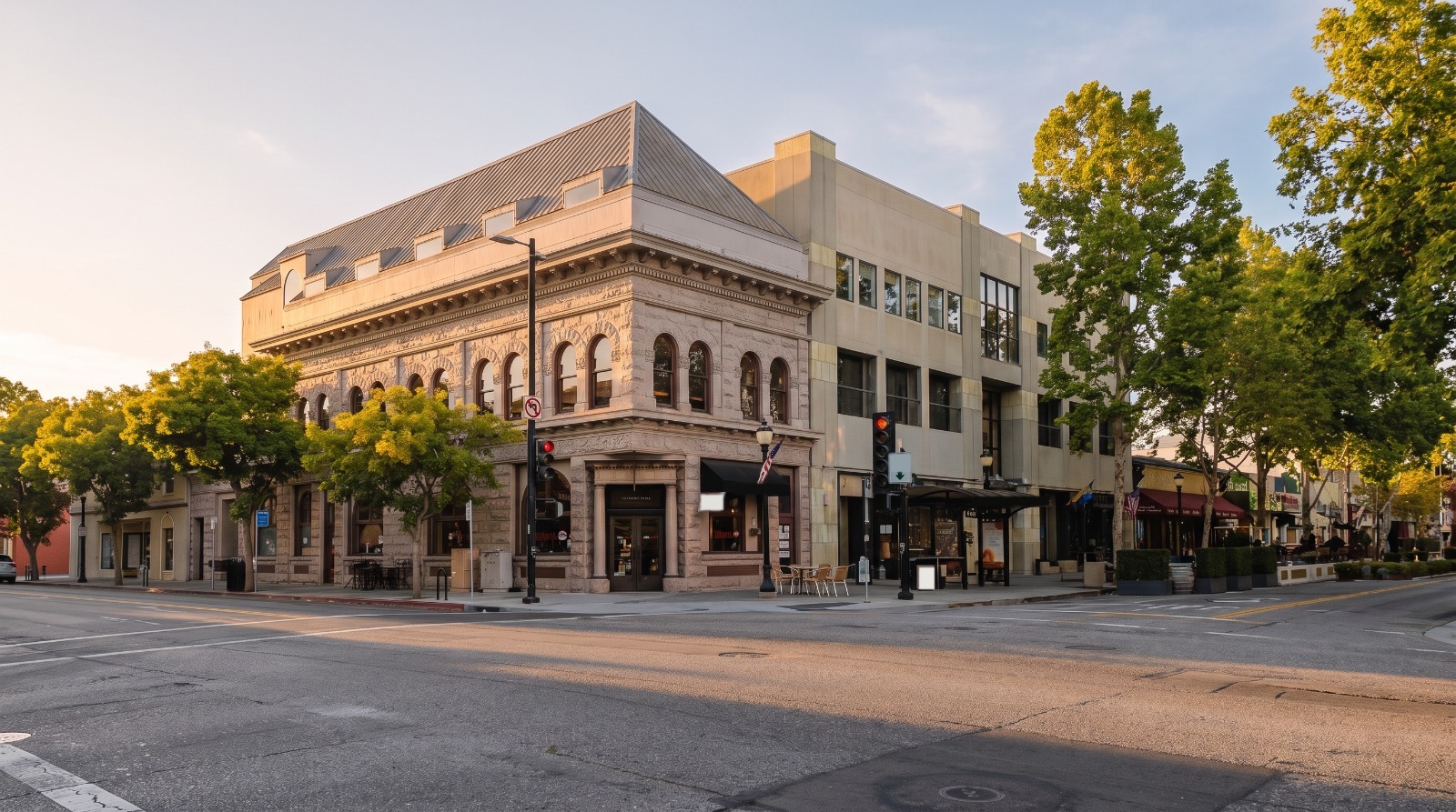 AI-rendered view of the 1905 Farmers and Merchants Bank building at Castro and Villa streets in downtown Mountain View at golden hour