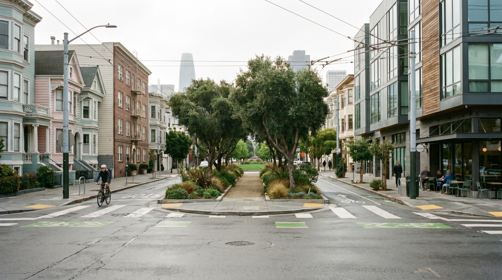 The tree-lined Octavia Boulevard in Hayes Valley, San Francisco, near the new 78 Haight affordable housing building.
