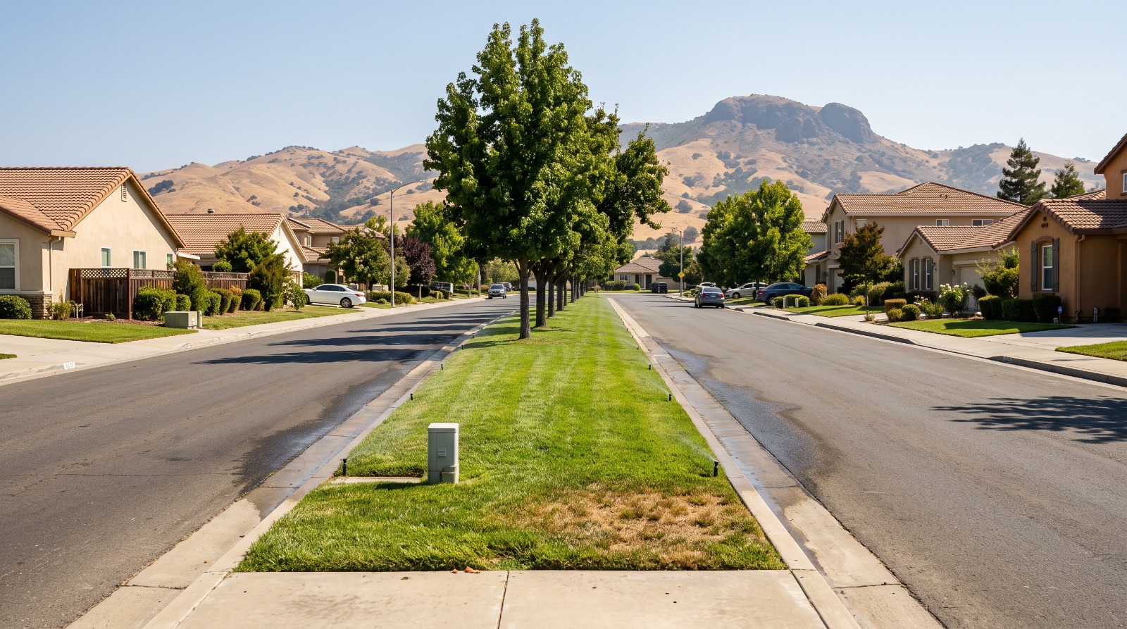 A wide irrigated grass median on a Morgan Hill residential street, the kind of nonfunctional turf California's AB 1572 lawn phase-out will reach.