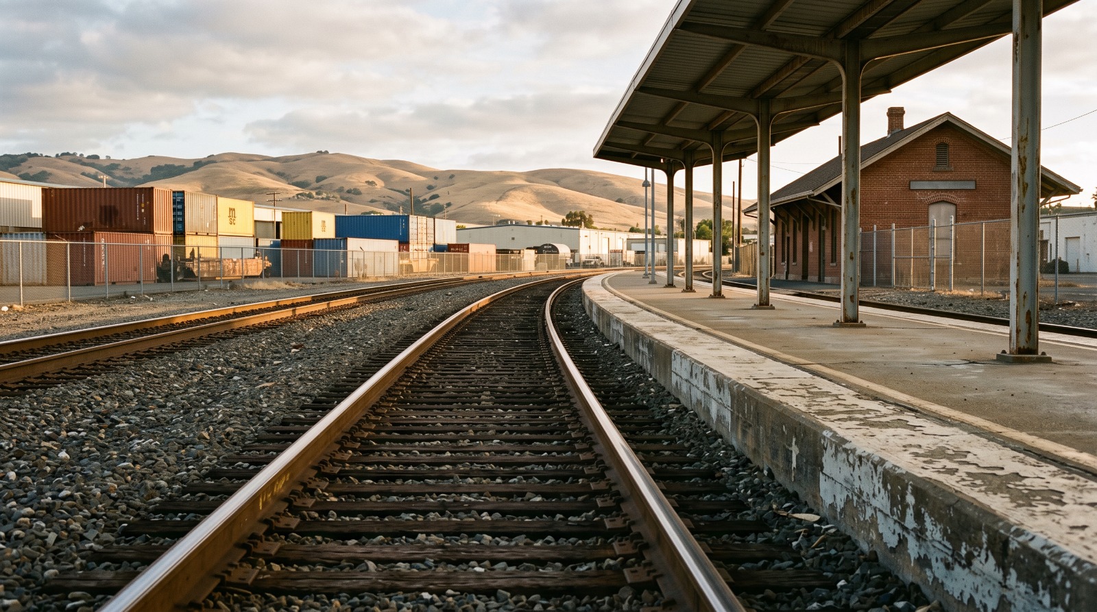 The Suisun-Fairfield Capitol Corridor station platform in Solano County, with track curving away past a small brick depot