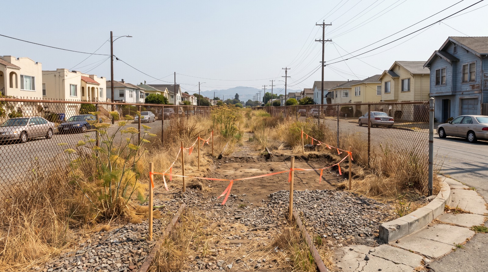 The fenced Santa Fe right of way corridor running between houses in southwest Berkeley before it becomes a park.