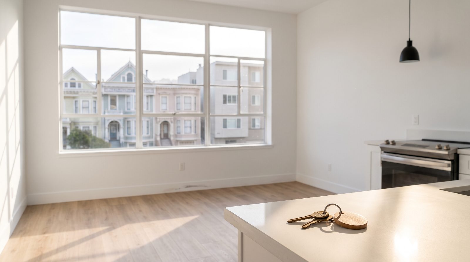 Empty new studio apartment in San Francisco with keys on the counter, the kind offered in the affordable housing lottery