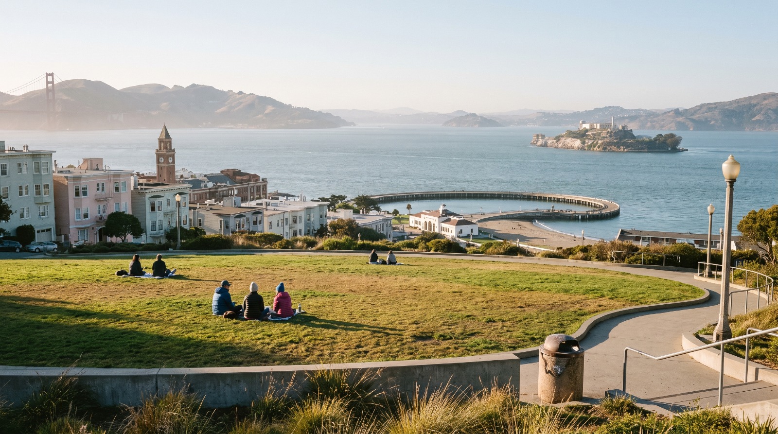 AI-rendered view from Francisco Park on Russian Hill over Aquatic Park toward Alcatraz and the Golden Gate Bridge