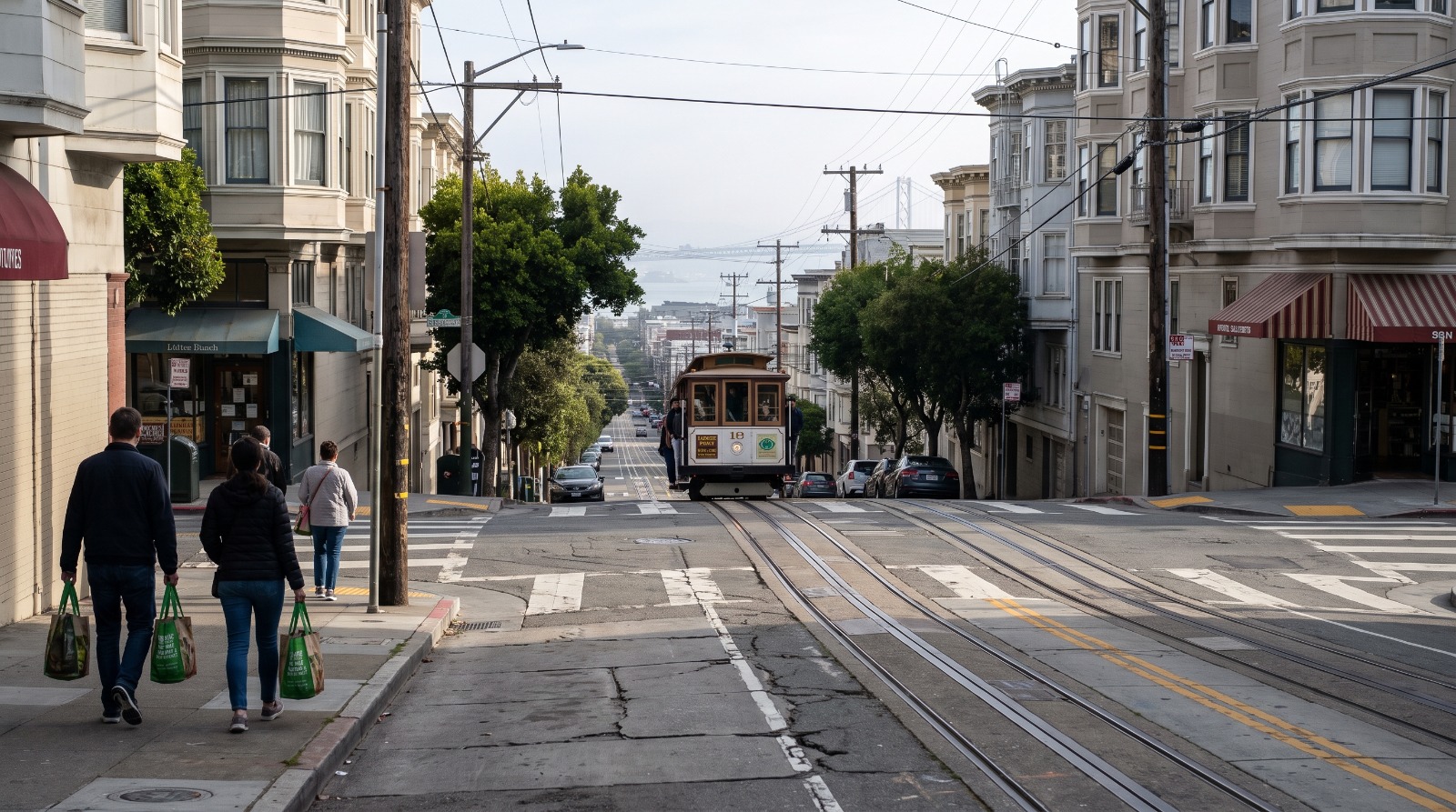 A steep, walkable San Francisco street with a cable car and pedestrians, in one of the neighborhoods that work without a car.