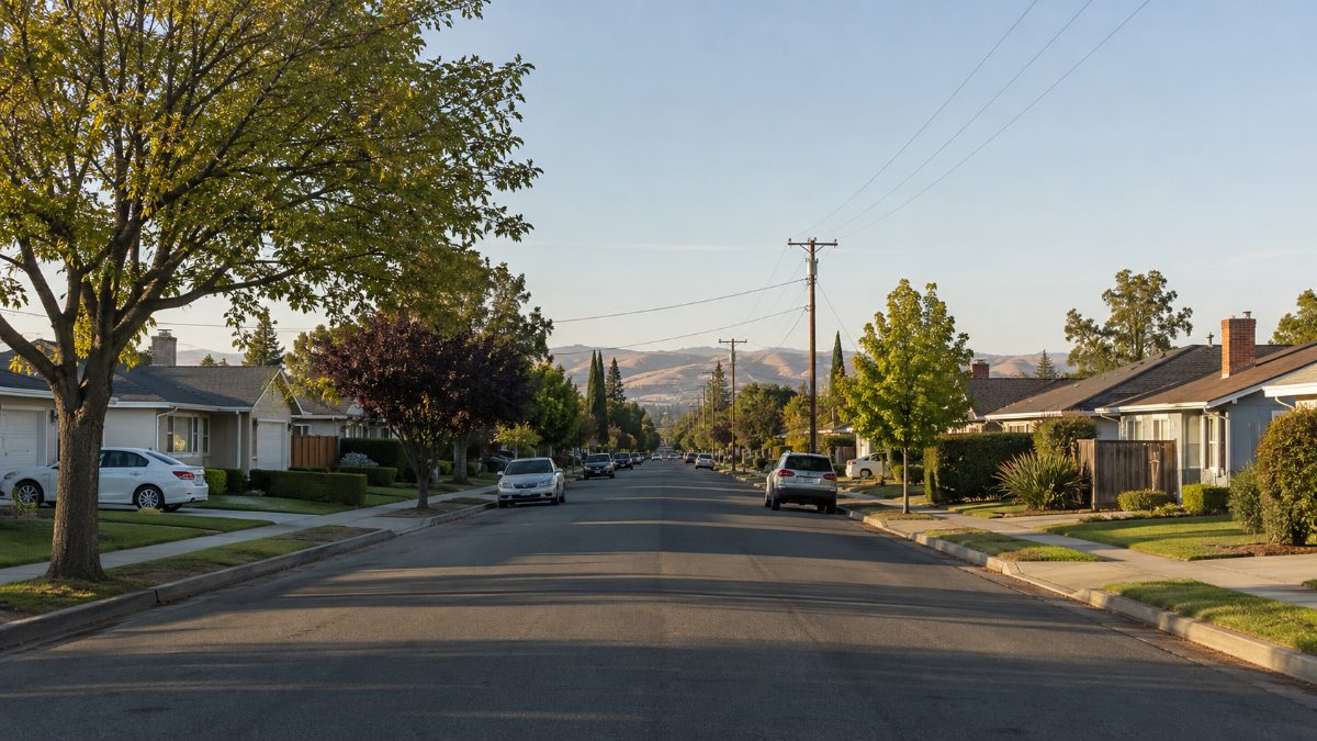 A flat, ordinary Bay Area residential street far from the hills, illustrating how Bay Area home insurance is spreading past wildfire country.