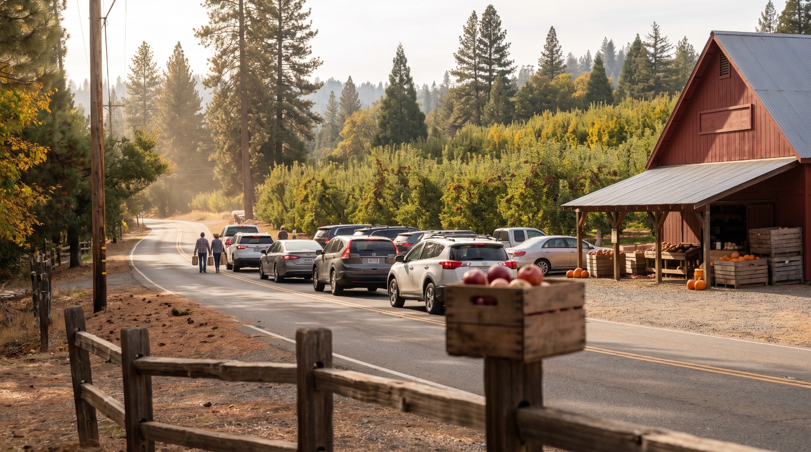 AI-rendered view of harvest-season traffic on Carson Road past a red barn fruit stand and apple orchards at Apple Hill in Camino, California