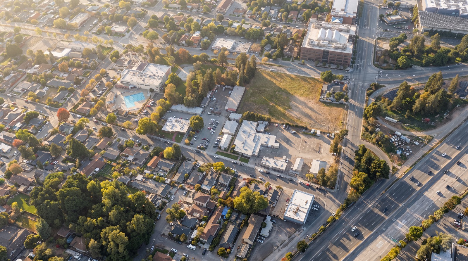 AI-rendered oblique view of the Ravenswood City School District office campus at 2120 Euclid Avenue in East Palo Alto as it looks today