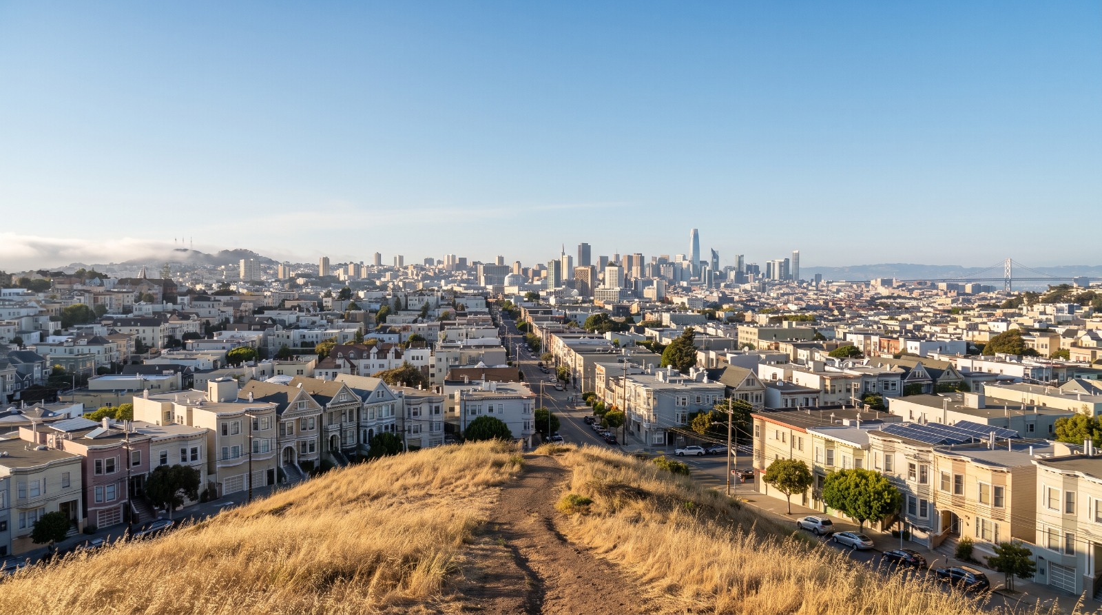 San Francisco skyline from Bernal Heights Hill with no construction cranes, as housing filings hit a 2012 low.