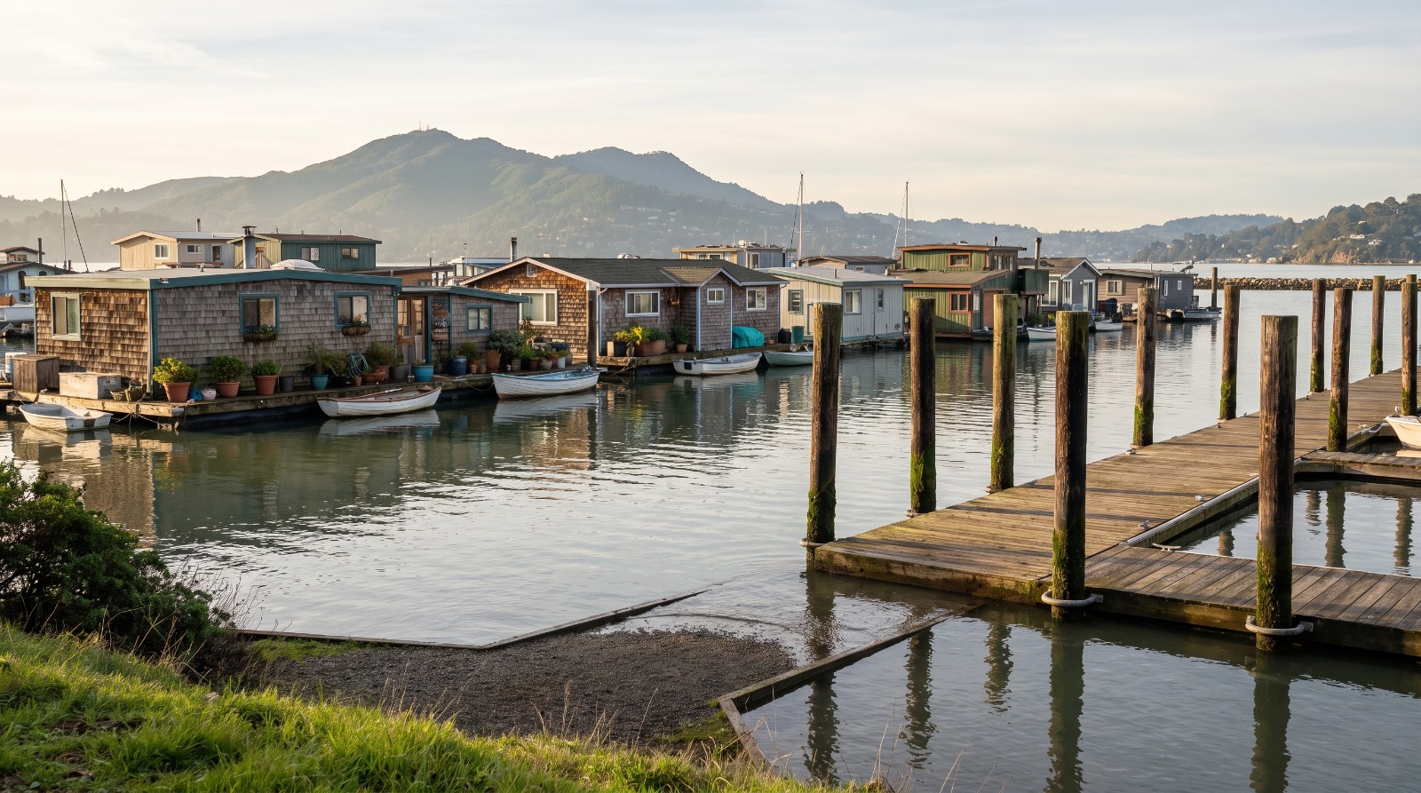 Sausalito floating homes at Waldo Point Harbor riding a high Bay Area king tide below Mount Tamalpais