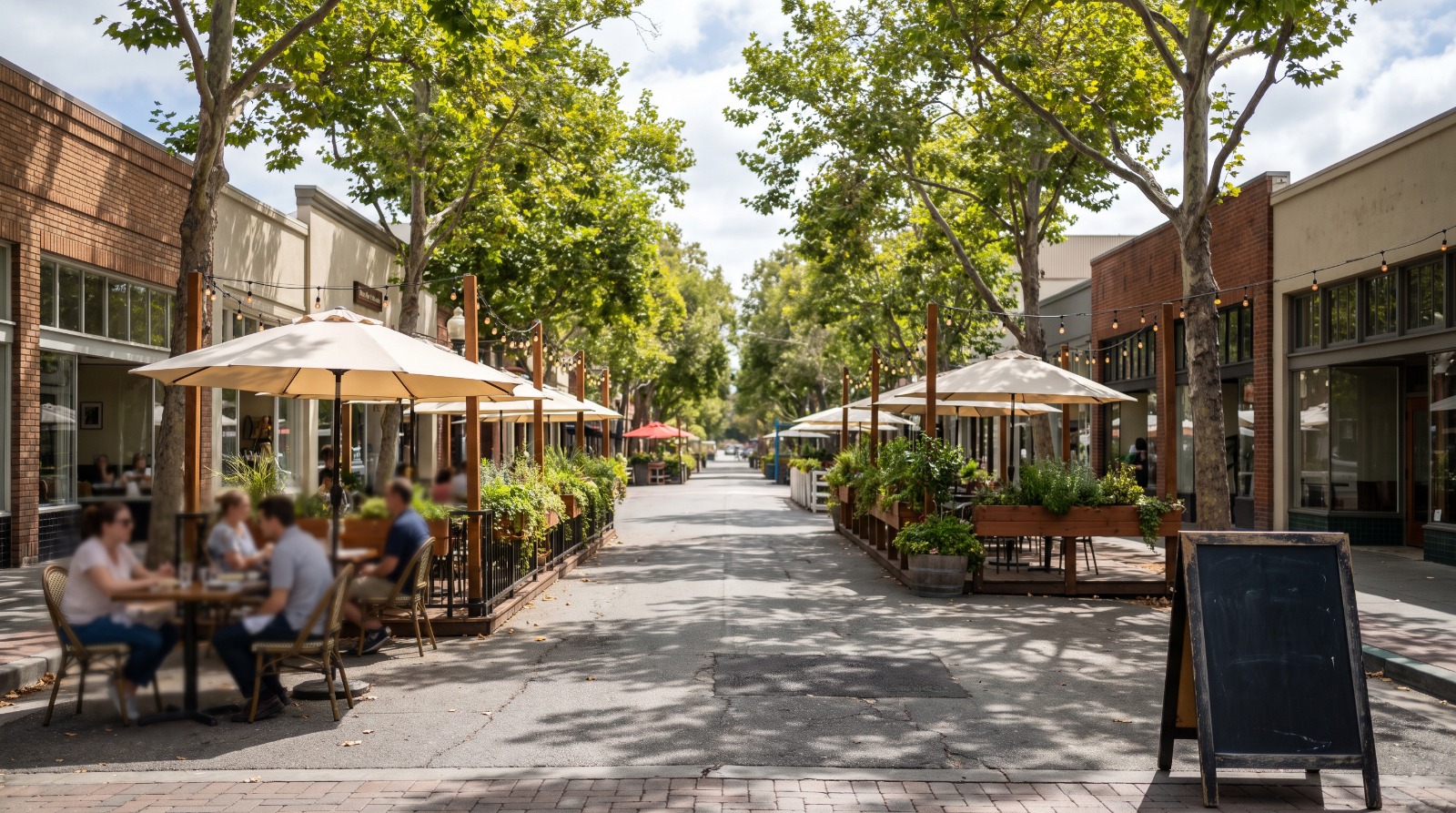 The pedestrianized California Avenue promenade in Palo Alto, the station area now absorbing most of the city's new transit-oriented apartments.