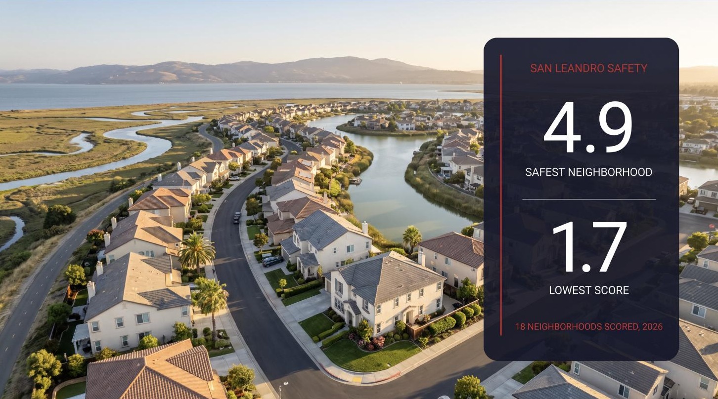Aerial view of San Leandro’s bayside lagoon neighborhoods with a data panel showing 2026 safety scores ranging from 4.9 in the safest neighborhood to 1.7 in the lowest across 18 scored neighborhoods.